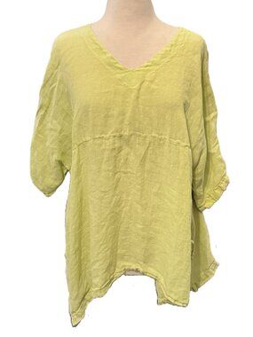 MATCH POINT Linen Sleeve Tunic Top Yellow Medium Smock USA Lagenlook Boho Vintag